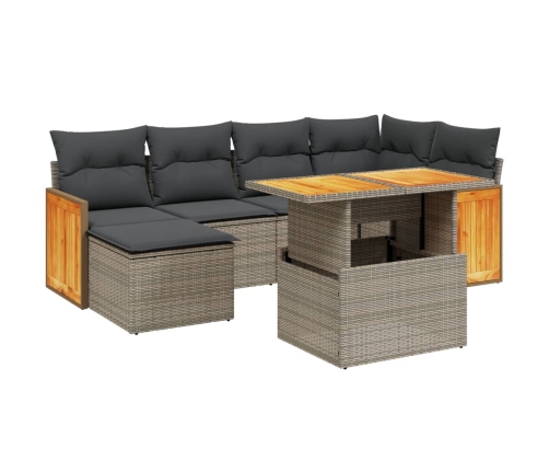 Set de sofás de jardín 7 piezas con cojines ratán PE gris