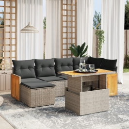 Set de sofás de jardín 7 piezas con cojines ratán PE gris