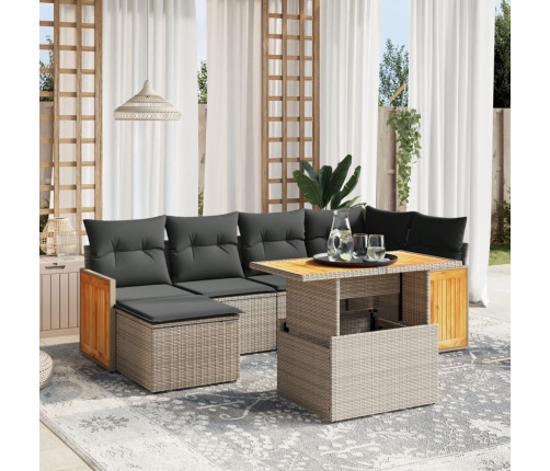 Set de sofás de jardín 7 piezas con cojines ratán PE gris