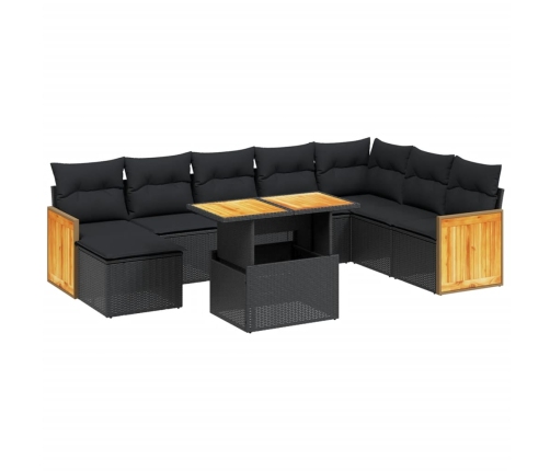 Set de sofás de jardín 8 piezas y cojines ratán sintético negro
