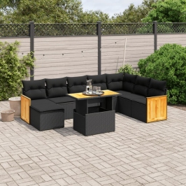 Set de sofás de jardín 8 piezas y cojines ratán sintético negro