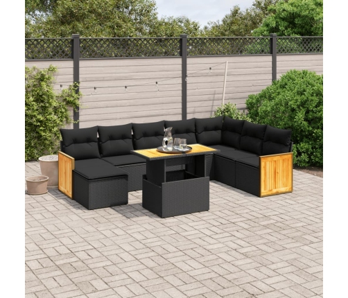 Set de sofás de jardín 8 piezas y cojines ratán sintético negro
