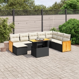 Set de sofás de jardín 8 piezas y cojines ratán sintético negro
