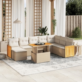 Set de sofás de jardín 9 pzas con cojines ratán sintético beige