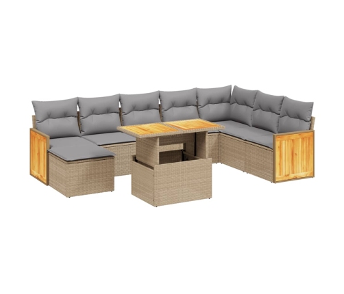 Set de sofás de jardín 9 pzas con cojines ratán sintético beige
