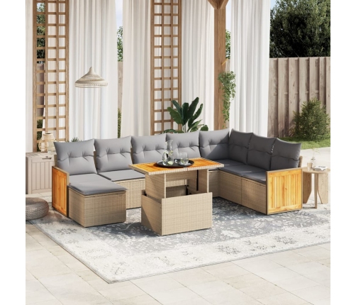 Set de sofás de jardín 9 pzas con cojines ratán sintético beige