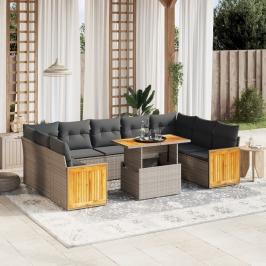 Set de sofás de jardín 10 pzas con cojines ratán sintético gris