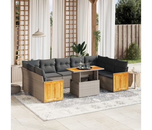 Set de sofás de jardín 10 pzas con cojines ratán sintético gris