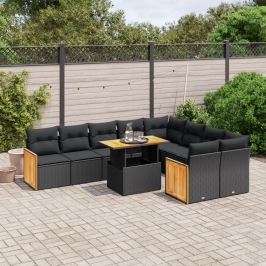 Set de sofás de jardín 10 pzas cojines ratán sintético negro