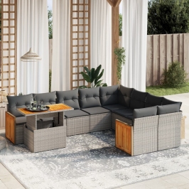 Set de sofás de jardín 10 pzas con cojines ratán sintético gris