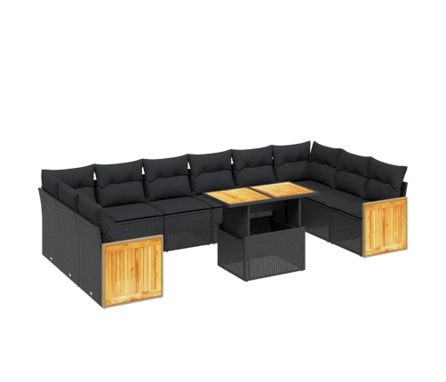 Set de sofás de jardín 11 pzas y cojines ratán sintético negro