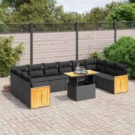 Set de sofás de jardín 11 pzas y cojines ratán sintético negro