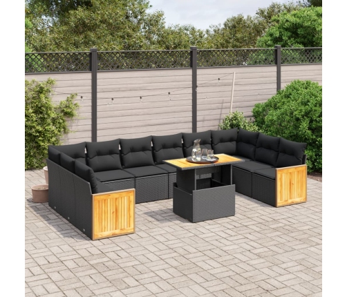 Set de sofás de jardín 11 pzas y cojines ratán sintético negro