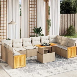 Set de sofás de jardín 11pzas con cojines ratán sintético beige