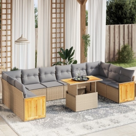 Set de sofás de jardín 11pzas con cojines ratán sintético beige