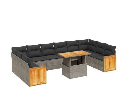 Set de sofás de jardín 11 pzas y cojines ratán sintético gris