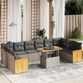Set de sofás de jardín 11 pzas y cojines ratán sintético gris