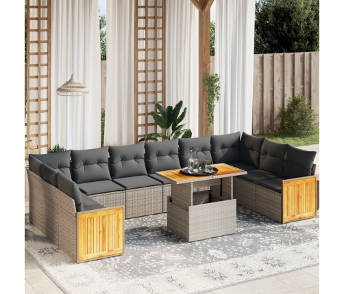 Set de sofás de jardín 11 pzas y cojines ratán sintético gris