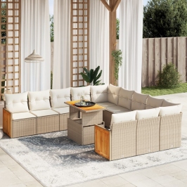 Set de sofás de jardín 11pzas con cojines ratán sintético beige