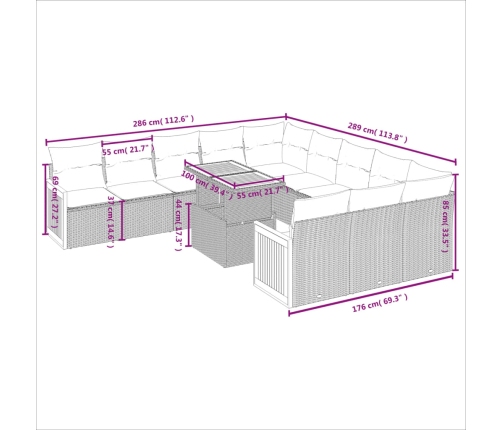 Set de sofás de jardín 11pzas con cojines ratán sintético beige