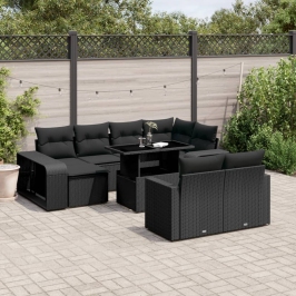 Set de sofás de jardín 11 pzas y cojines ratán sintético negro