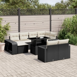 Set de sofás de jardín 11 pzas y cojines ratán sintético negro