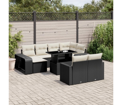 Set de sofás de jardín 11 pzas y cojines ratán sintético negro