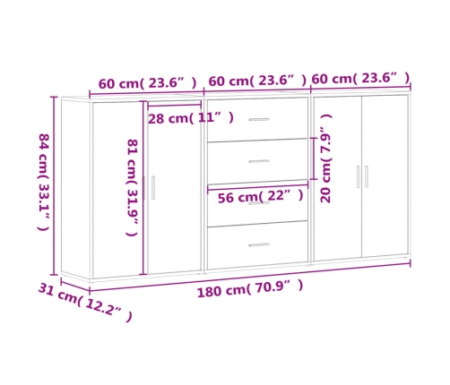 Aparadores 3 uds madera de ingeniería marrón roble 60x31x84 cm