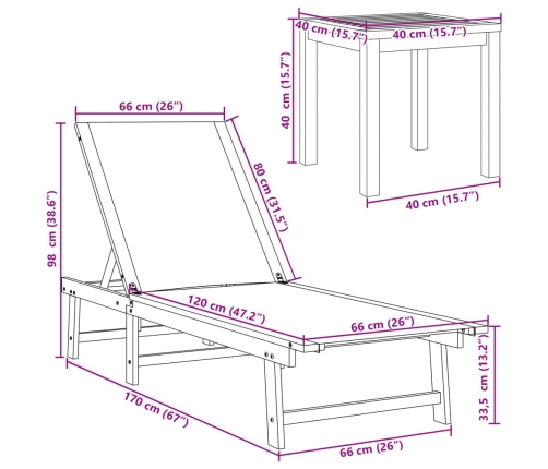 vidaXL Tumbonas 2 uds con mesa madera maciza acacia y textileno crema