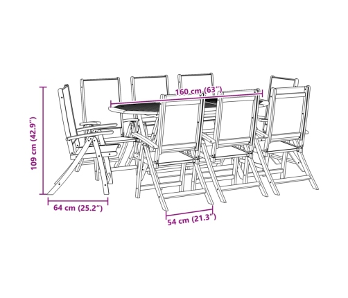 Juego comedor de jardín 9 pzas madera maciza acacia y textileno