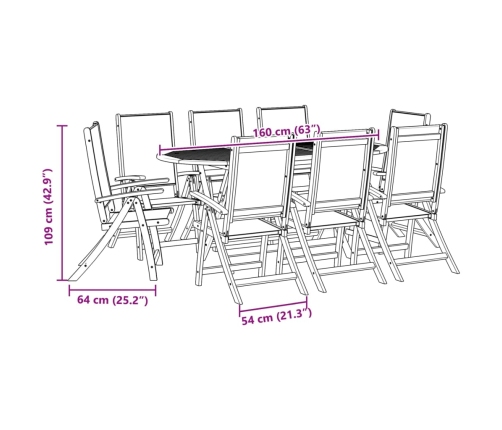 Juego comedor de jardín 9 pzas madera maciza acacia y textileno