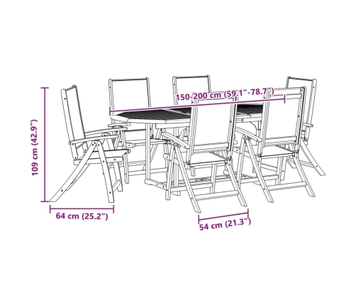 Juego comedor de jardín 7 pzas madera maciza acacia y textileno