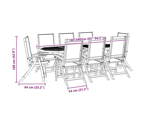 Juego comedor de jardín 9 pzas madera maciza acacia y textileno