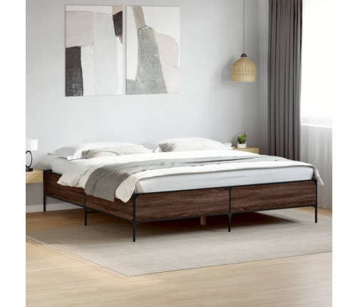 Estructura cama madera ingeniería metal marrón roble 200x200 cm