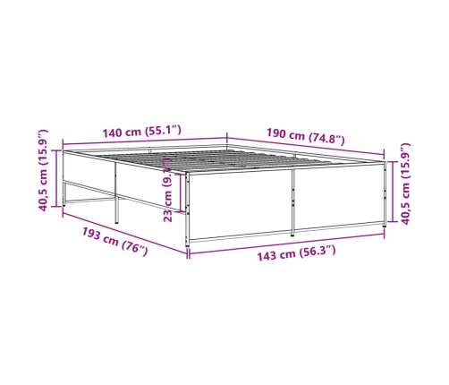 Estructura cama madera ingeniería metal roble ahumado 140x190cm