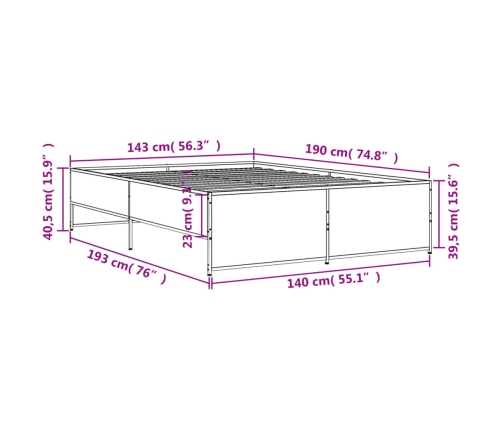 Estructura cama madera ingeniería metal gris Sonoma 140x190 cm