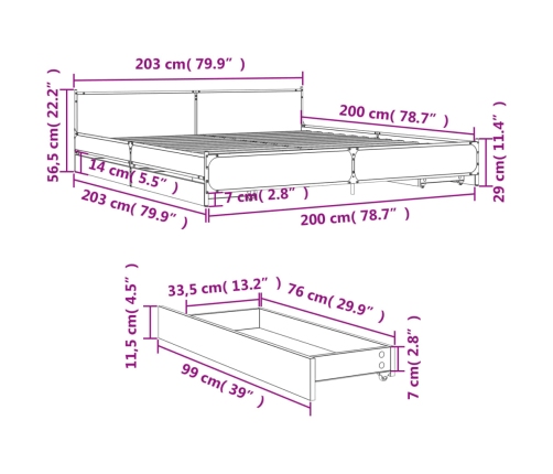 Estructura cama con cajones madera ingeniería negra 200x200 cm