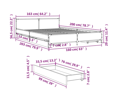 vidaXL Cama con cajones madera ingeniería roble Sonoma 160x200 cm