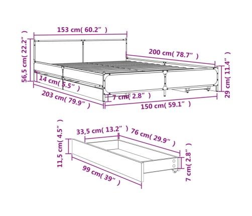 Estructura cama con cajones madera ingeniería negra 150x200 cm