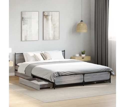 Cama con cajones madera ingeniería gris Sonoma 150x200 cm