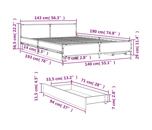 Cama con cajones madera de ingeniería negro 140x190 cm