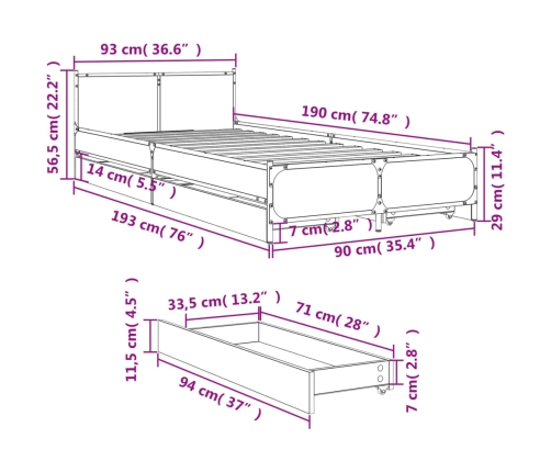 Cama con cajones madera de ingeniería negro 90x190 cm