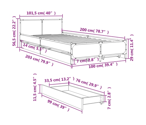 Cama con cajones madera ingeniería roble Sonoma 100x200 cm