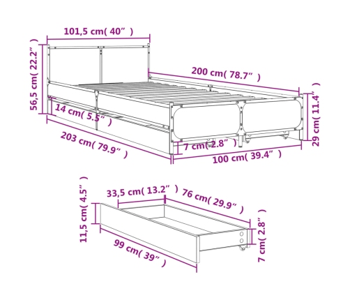 Cama con cajones madera ingeniería gris Sonoma 100x200 cm