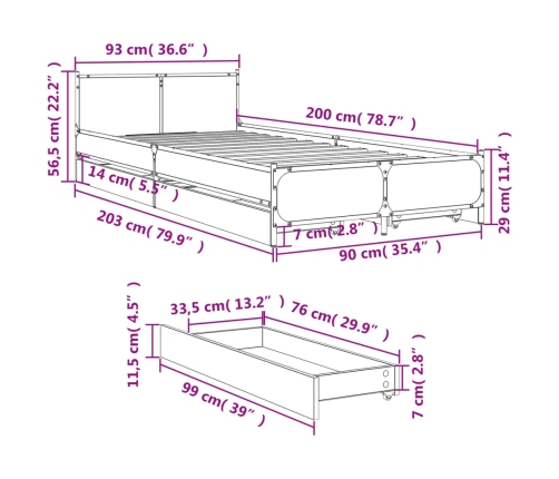 Cama con cajones madera de ingeniería negra 90x200 cm