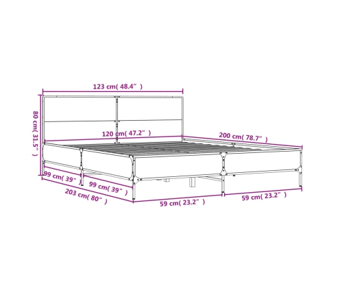 Estructura cama madera ingeniería metal marrón roble 120x200 cm