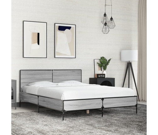 Estructura cama madera ingeniería metal gris Sonoma 140x200 cm