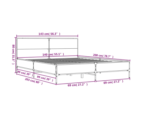 Estructura cama madera ingeniería metal gris Sonoma 140x200 cm
