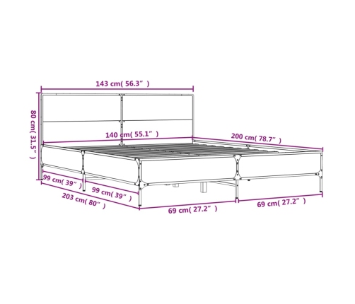 Estructura cama madera ingeniería metal marrón roble 140x200 cm