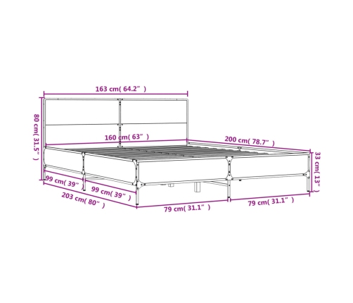 Estructura cama madera ingeniería metal roble Sonoma 160x200 cm